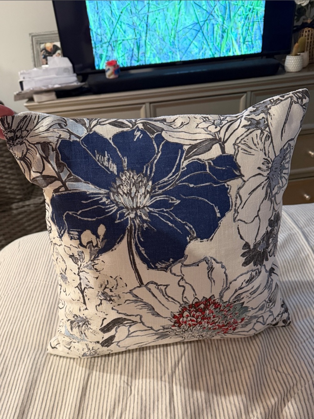 Navy and Cream Floral Accent Pillow with Subtle Gray Detailing